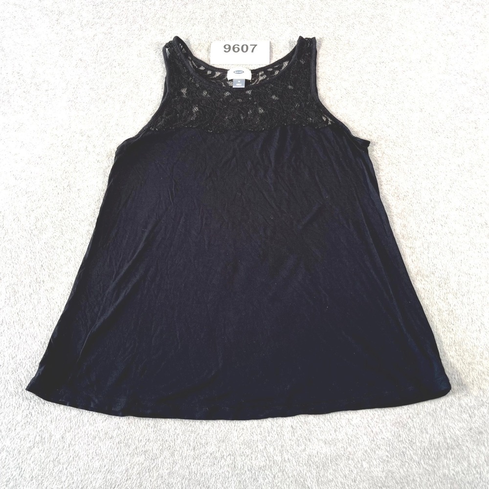 Old‎ Navy Tank Top Womens Medium Black Rayon Round Neck Lace Crochet Yoke Casual